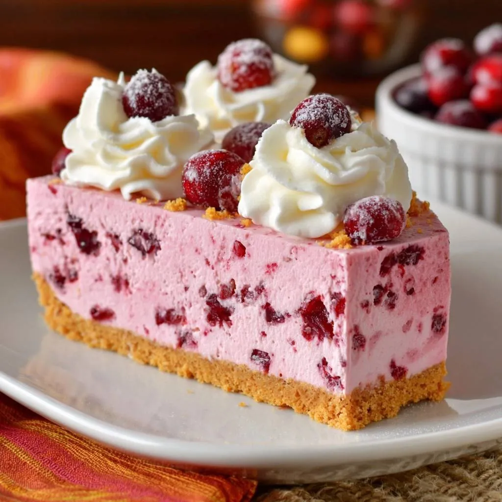 Cranberry cheesecake bars with a firm texture presented as a single plated slice with whipped cream and fresh cranberries.