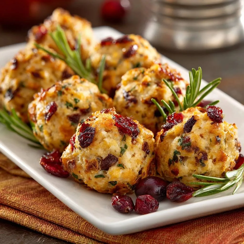 Cranberry herb stuffing balls close-up with fresh rosemary sprigs and dried cranberries as garnish.