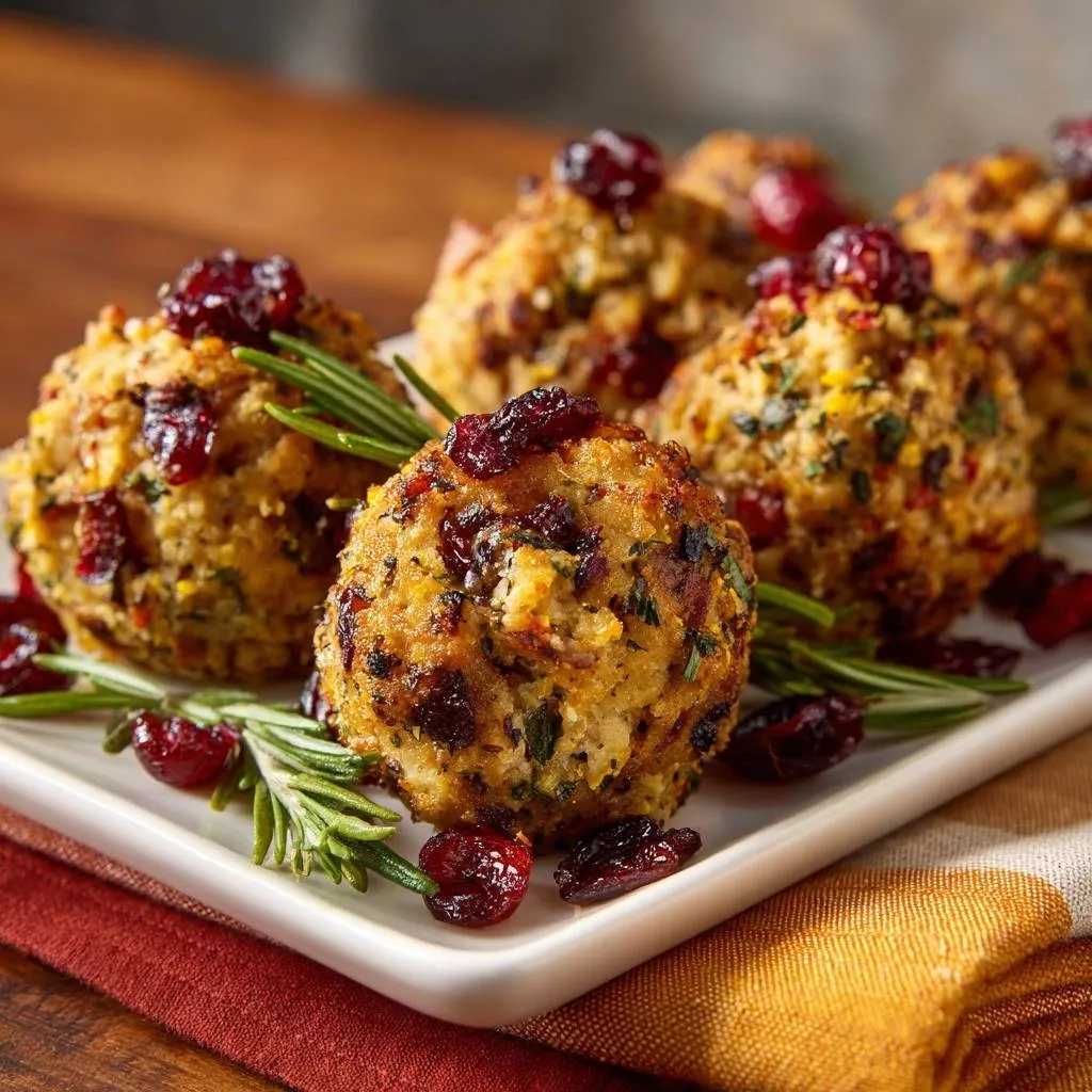 Cranberry herb stuffing balls, a close-up view showcasing their texture and topped with cranberries and rosemary.