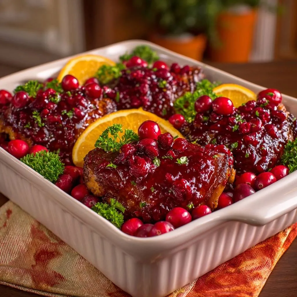 Cranberry orange glazed chicken thighs served in a white baking dish, garnished with fresh cranberries and parsley.