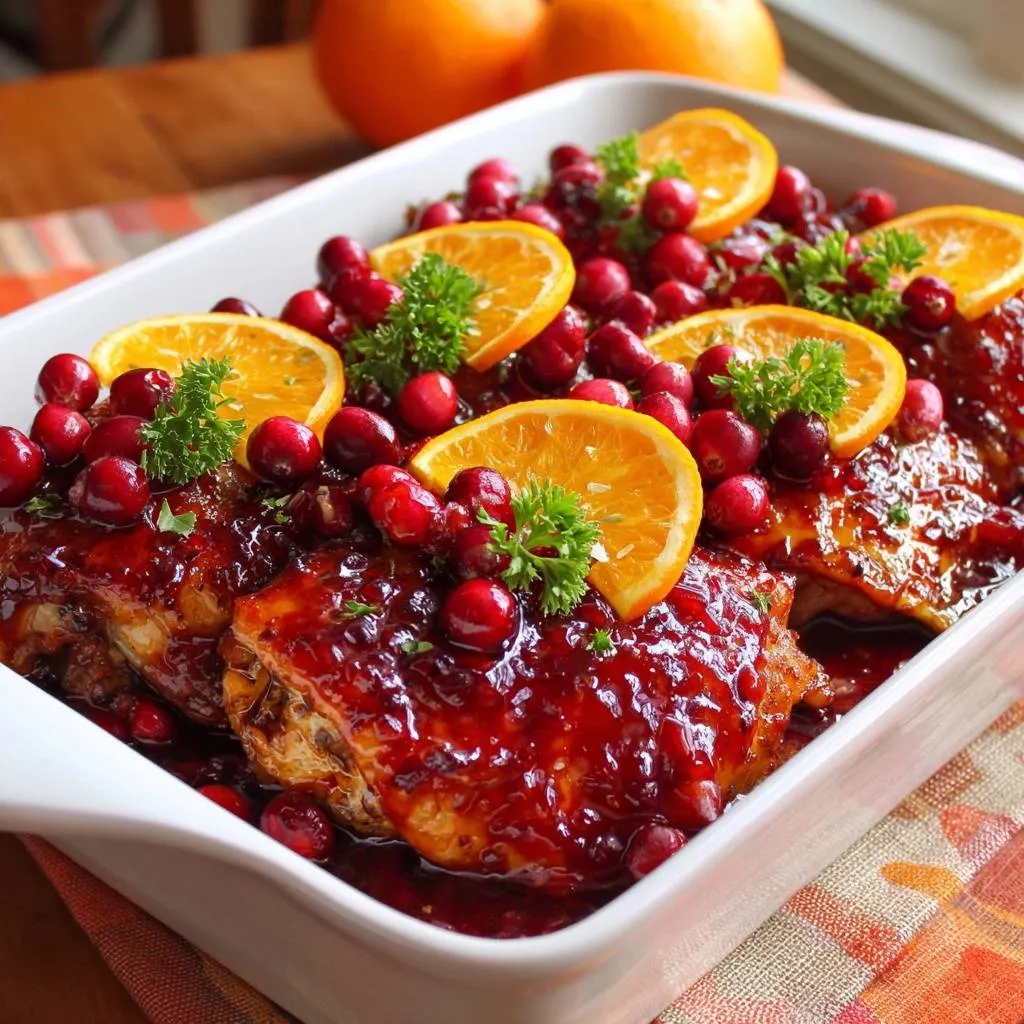 Cranberry orange glazed chicken thighs garnished with fresh cranberries, orange slices, and parsley in a white baking dish.