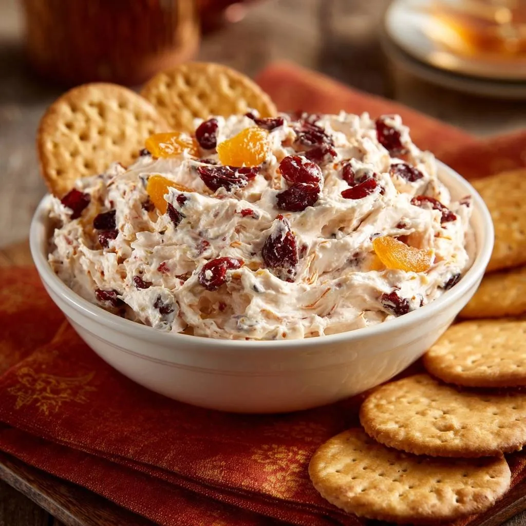 Cranberry orange walnut cream cheese dip in a white bowl, surrounded by crackers, with a close-up view of the texture.