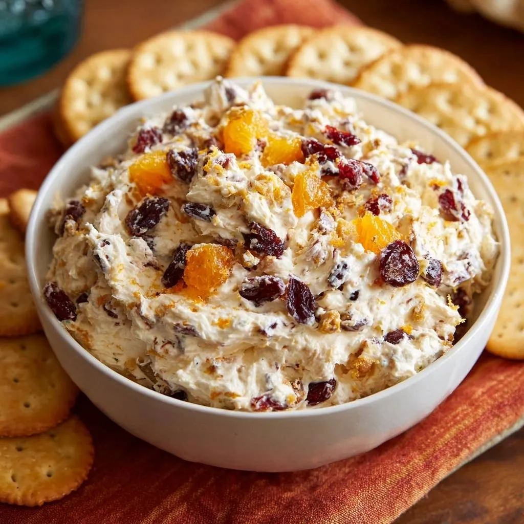 Cranberry orange walnut cream cheese dip in a white bowl, garnished with orange zest and dried cranberries, served with crackers.