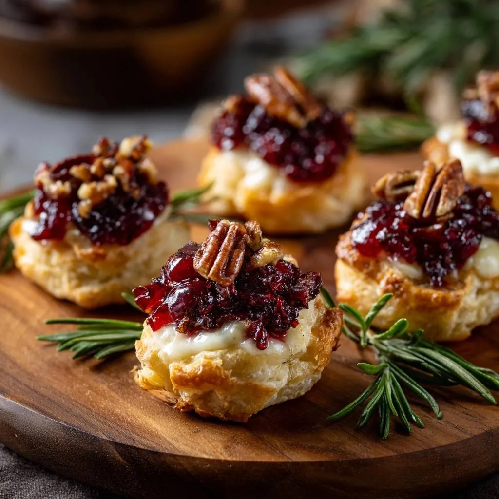 Cranberry pecan baked brie bites topped with pecans and jam, presented on a wooden board with rosemary.