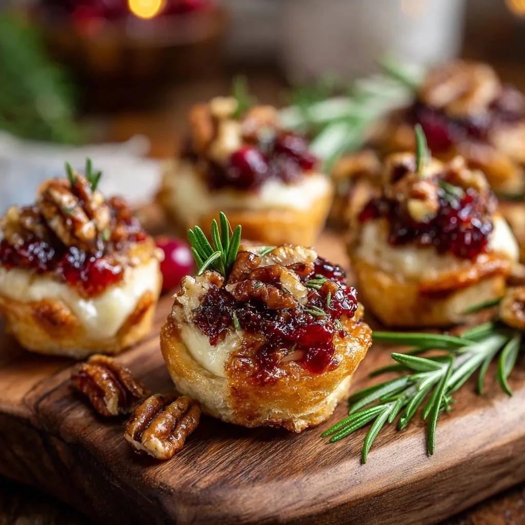 Cranberry pecan baked brie bites are shown in a close-up view, highlighting the glistening pecan and cranberry topping.