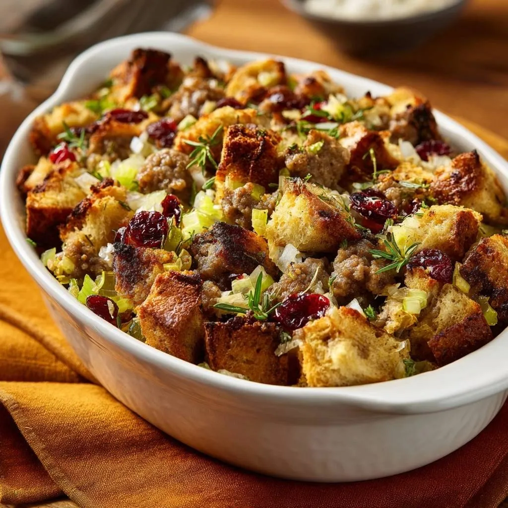 Cranberry sausage stuffing, a festive side dish, shown in a white baking dish with a golden-brown topping and visible cranberries.