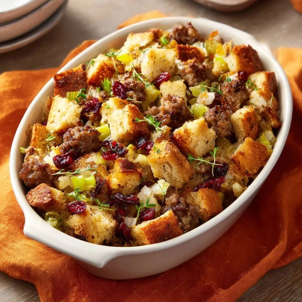 Cranberry sausage stuffing in a white oval baking dish, showing a close-up of the top with bread cubes and cranberries.