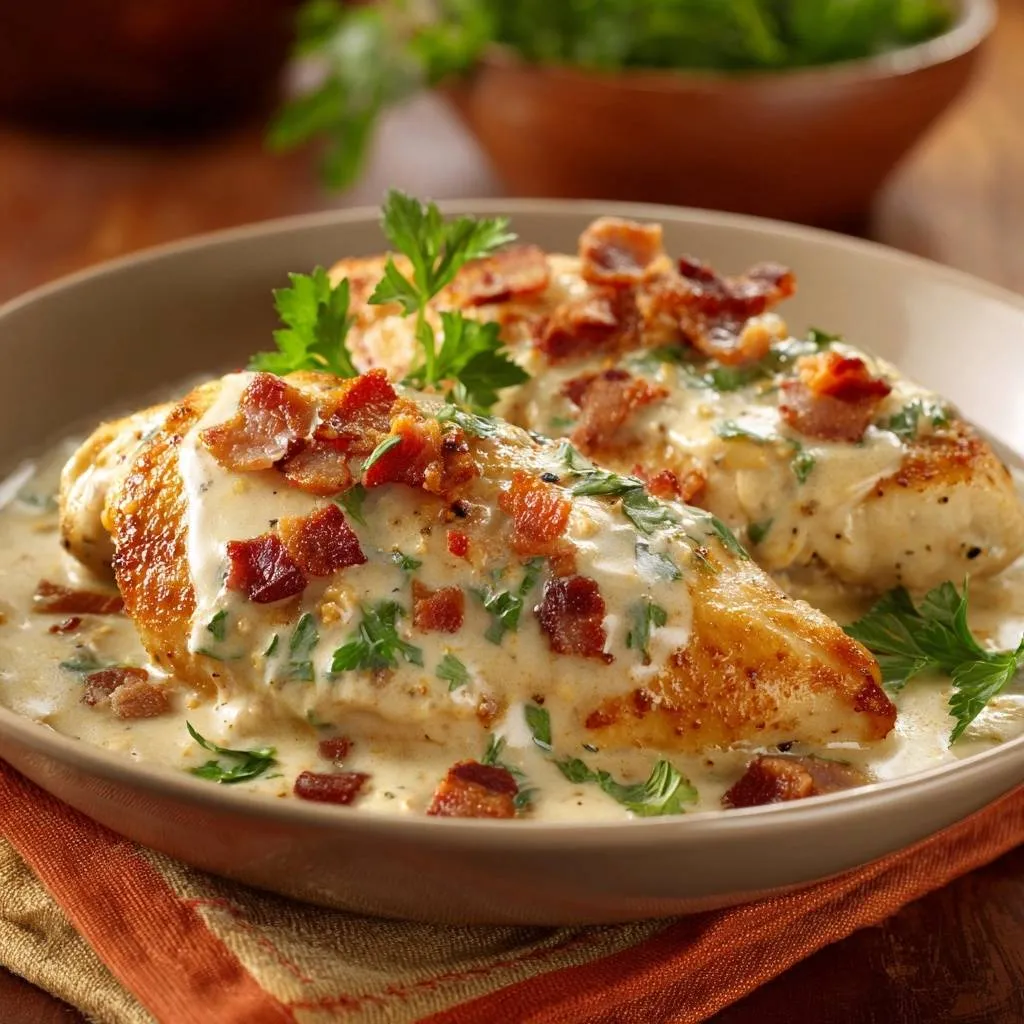 Creamy bacon chicken breasts glistening in sauce, topped with crispy bacon bits and fresh parsley garnish.
