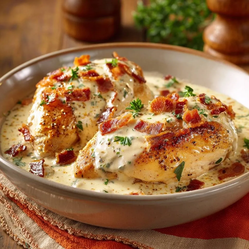 Creamy bacon chicken breasts with a creamy sauce and fresh parsley garnish, served in a rustic bowl.