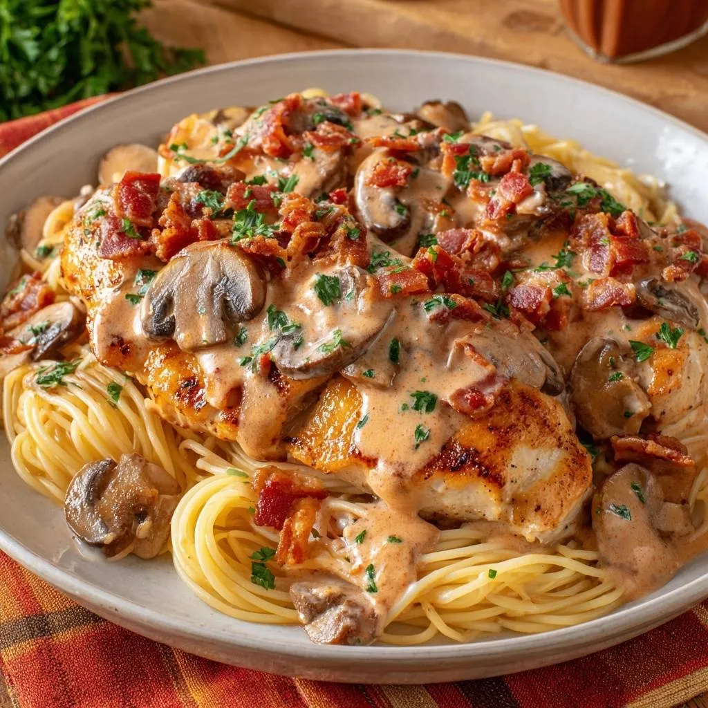 Creamy bacon mushroom chicken pasta served over spaghetti, with a rich sauce and crispy bacon topping.