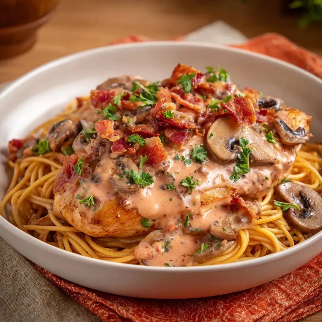Creamy bacon mushroom chicken pasta served over spaghetti, topped with crispy bacon bits and fresh parsley.