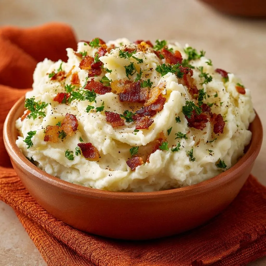 Creamy bacon parsley mashed potatoes recipe served in a brown bowl, garnished with crispy bacon bits and fresh parsley.