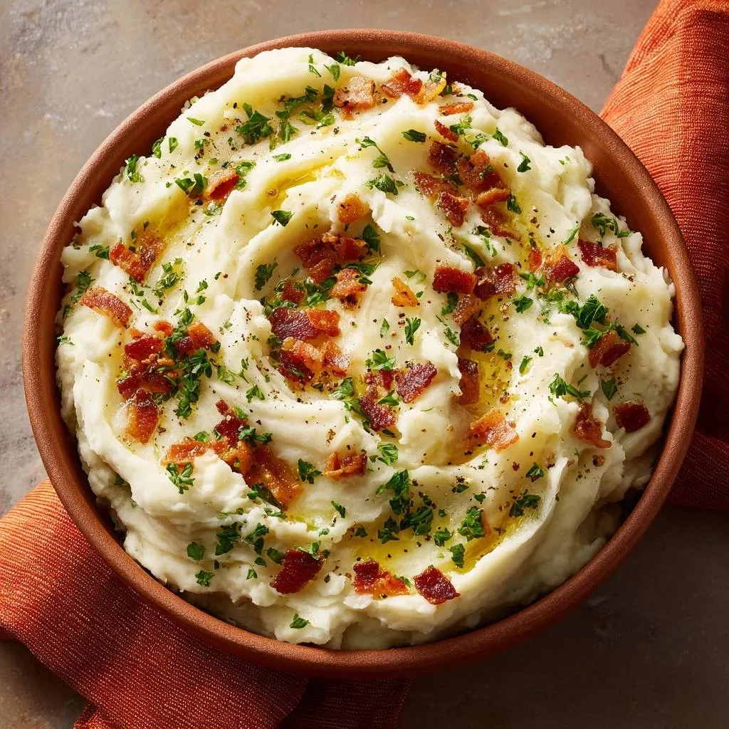 Creamy bacon parsley mashed potatoes served in a rustic bowl, garnished with fresh herbs and crispy bacon bits.
