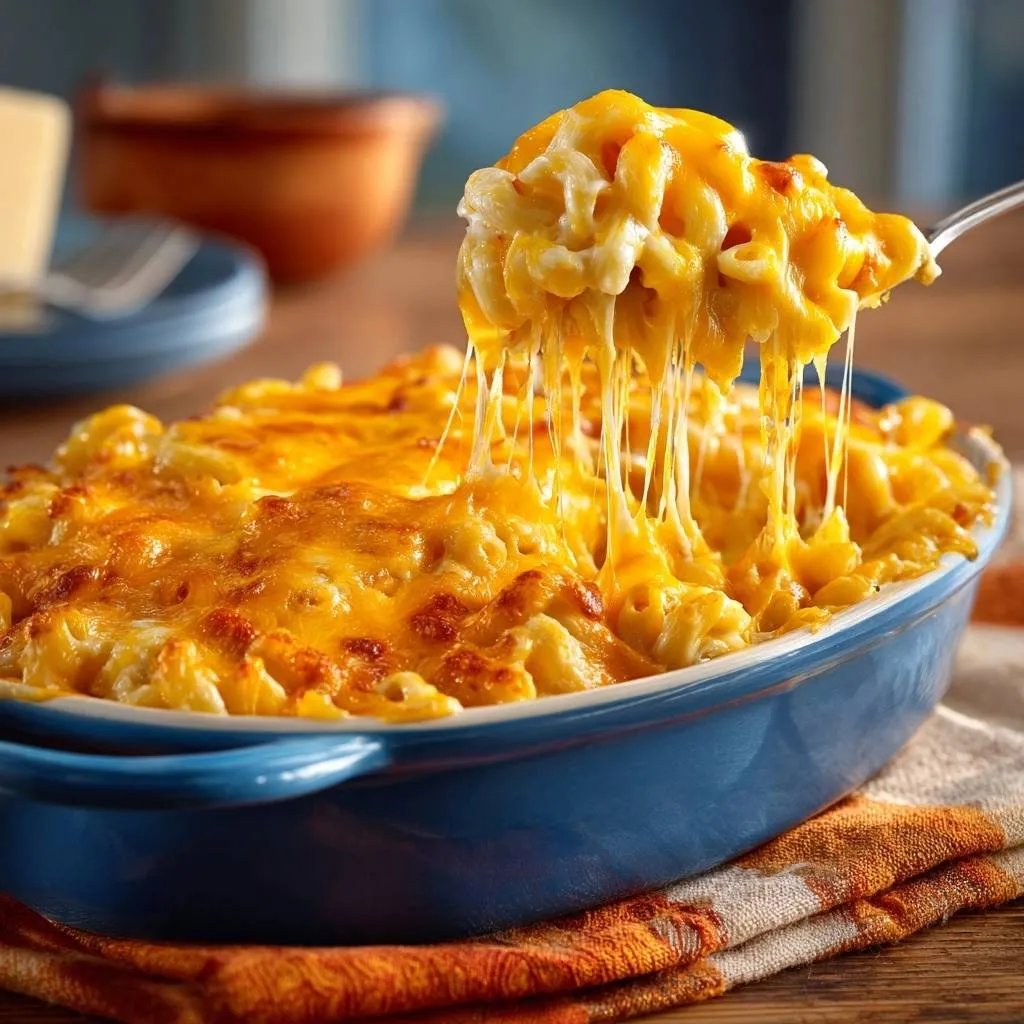 Creamy baked mac and cheese with a spoonful lifting out, showing long strands of melted cheese.