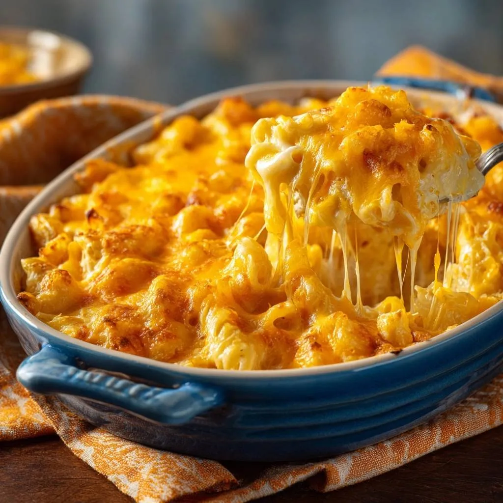 Creamy baked mac and cheese with a spoonful lifting to show a gooey cheese stretch.