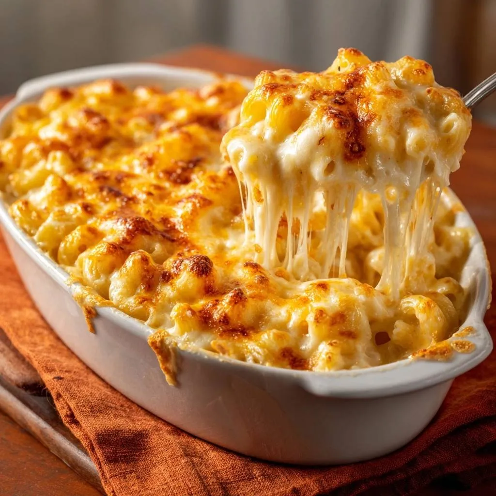 Creamy baked mac and cheese showing a gooey cheese pull from a serving spoon.