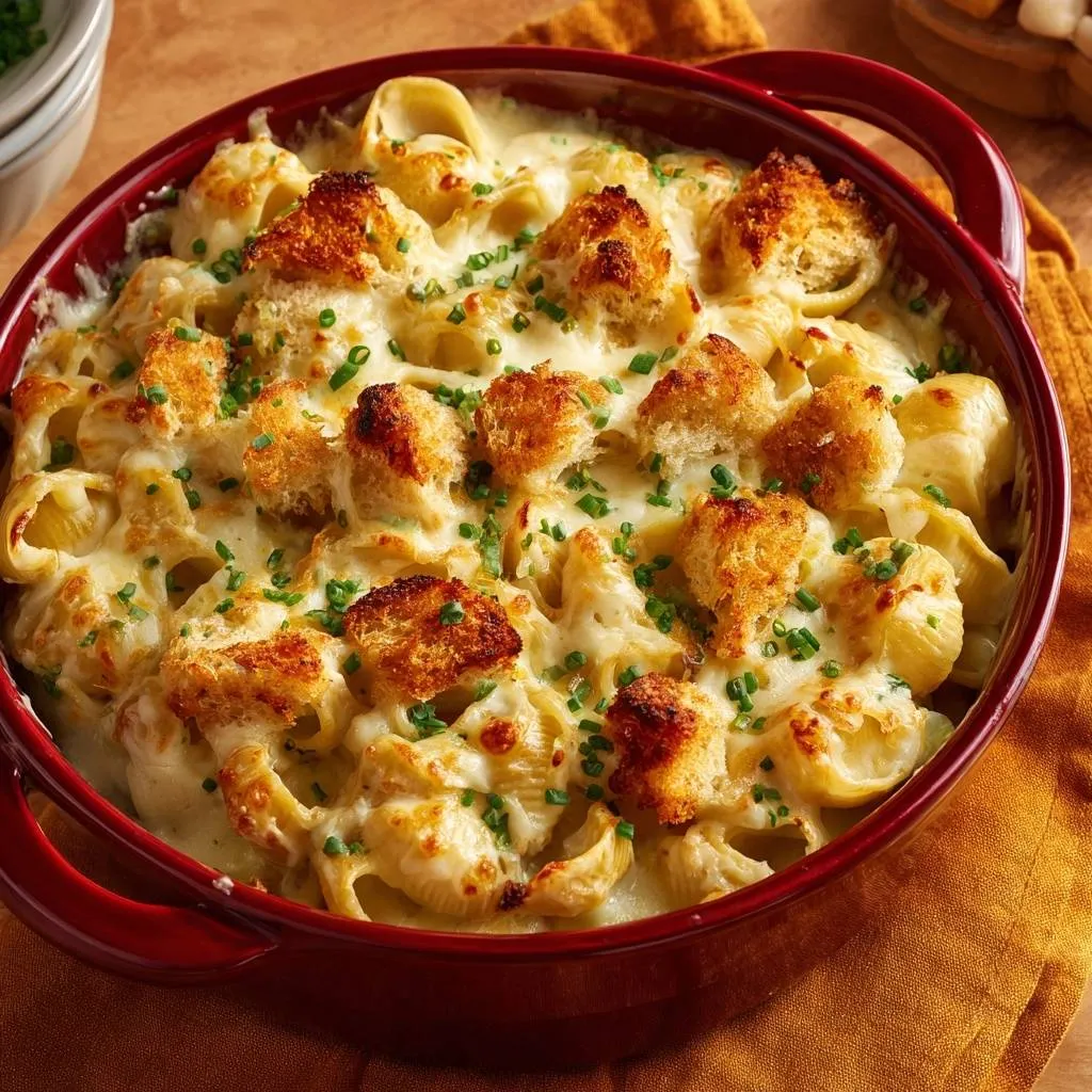 Creamy baked shells and cheese with a crunchy topping and fresh chives, shown in a red baking dish.