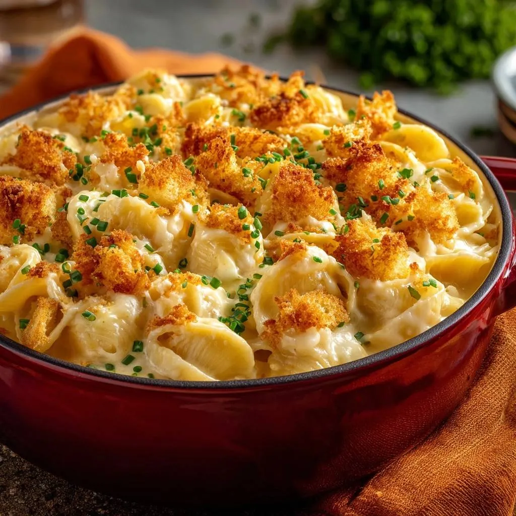 Creamy baked shells and cheese with a crunchy breadcrumb topping, a close-up detail shot.