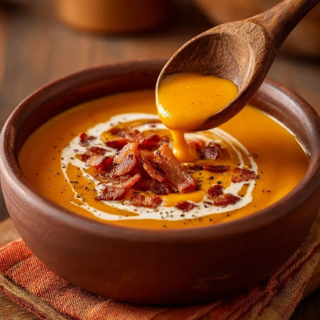 Creamy butternut squash soup with bacon and cream garnish, being poured from a wooden spoon.