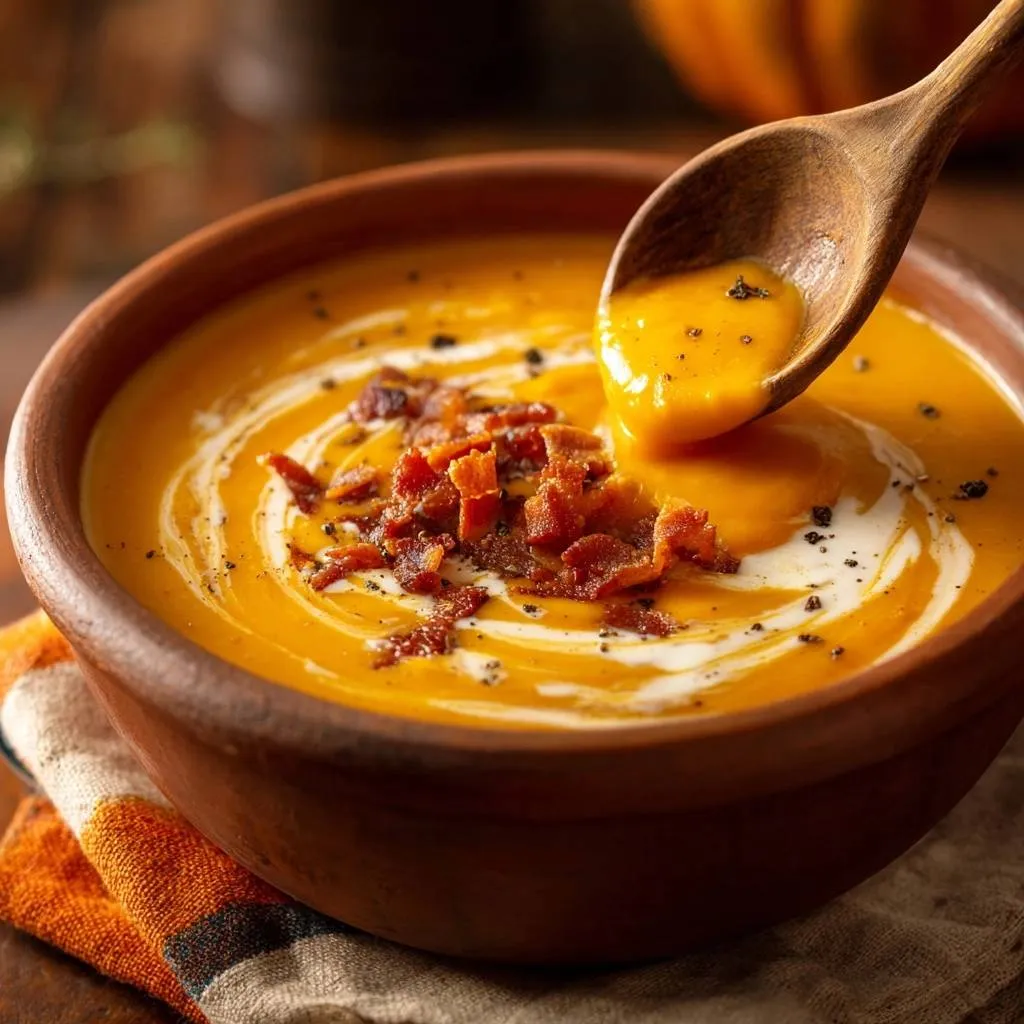 Creamy butternut squash soup with bacon garnish being lifted with a wooden spoon.