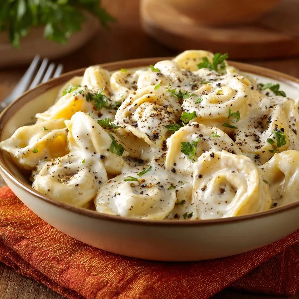 Creamy cheese ravioli with clinging sauce served in a bowl, garnished with fresh parsley and cracked black pepper.