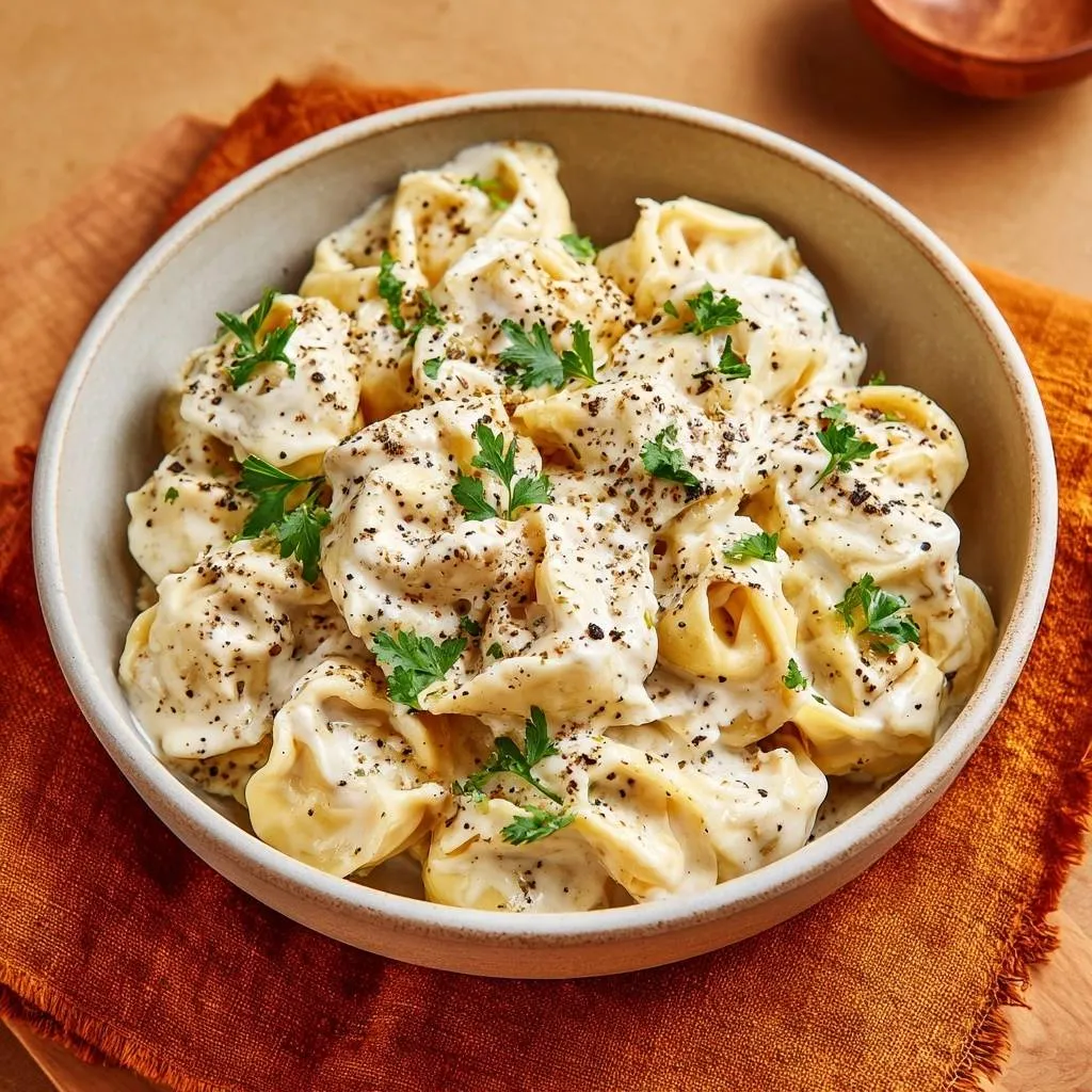 Creamy cheese ravioli with clinging sauce shown in a close-up view within a rustic bowl, garnished with parsley.