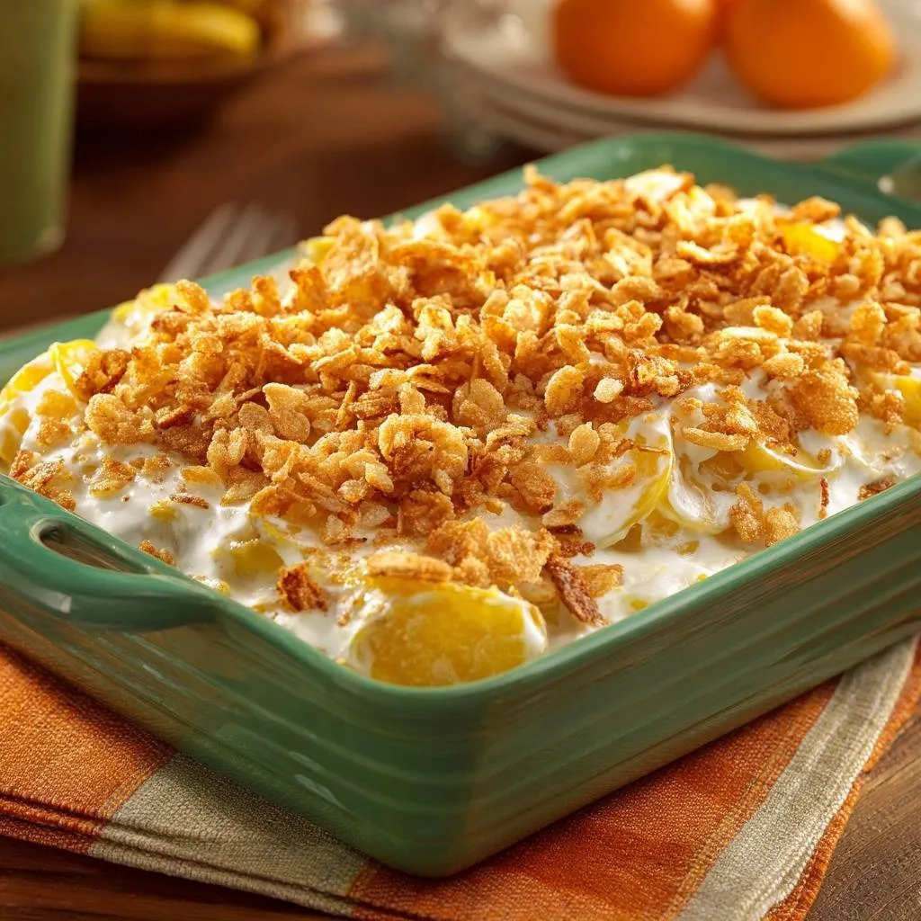 Creamy cheesy potatoes with shatter-crisp topping shown in a green baking dish with a close-up view of the crunchy topping.