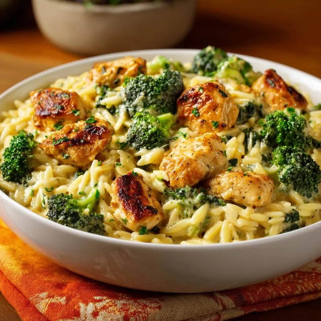 Creamy chicken broccoli orzo served in a white bowl, showcasing tender chicken bites and vibrant broccoli florets.