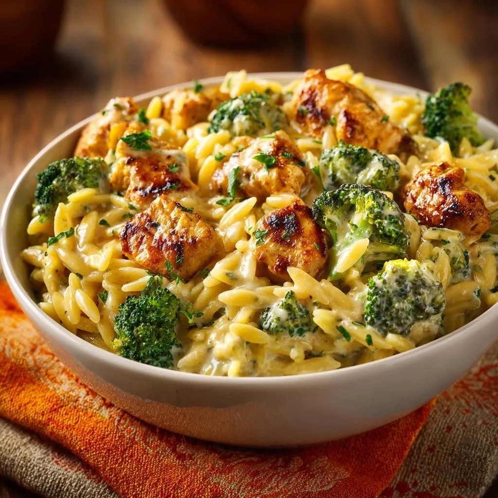 Creamy chicken broccoli orzo in a white bowl, showcasing tender chicken bites and vibrant broccoli florets.