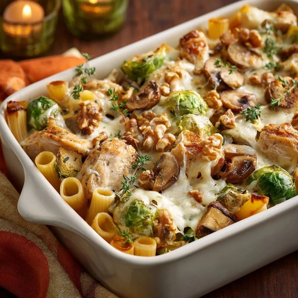 Creamy chicken Brussels sprout rigatoni bake, showcasing a close-up of the cheesy topping with pasta and vegetables.