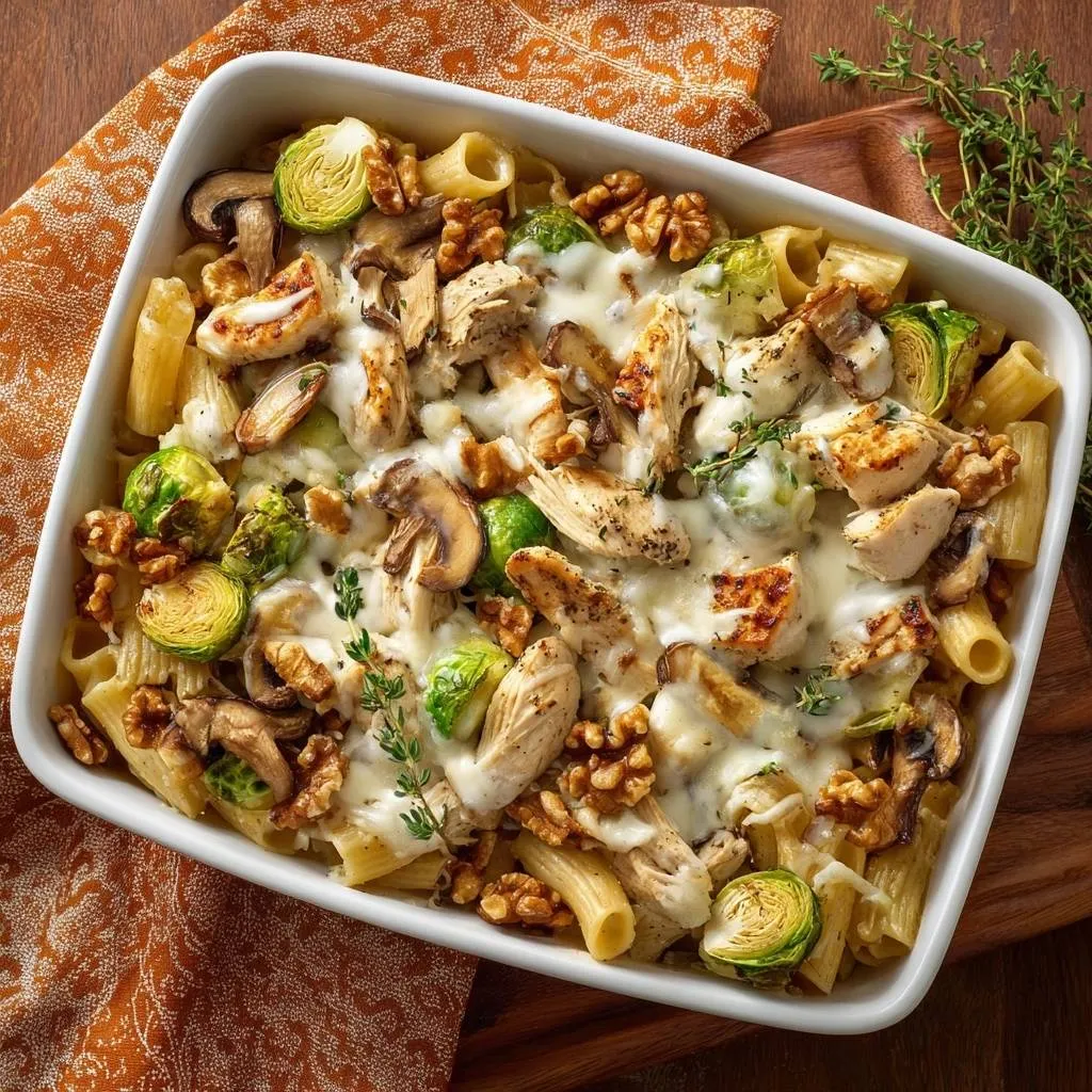 Creamy chicken brussels sprout rigatoni bake shown in a white baking dish from an overhead perspective.