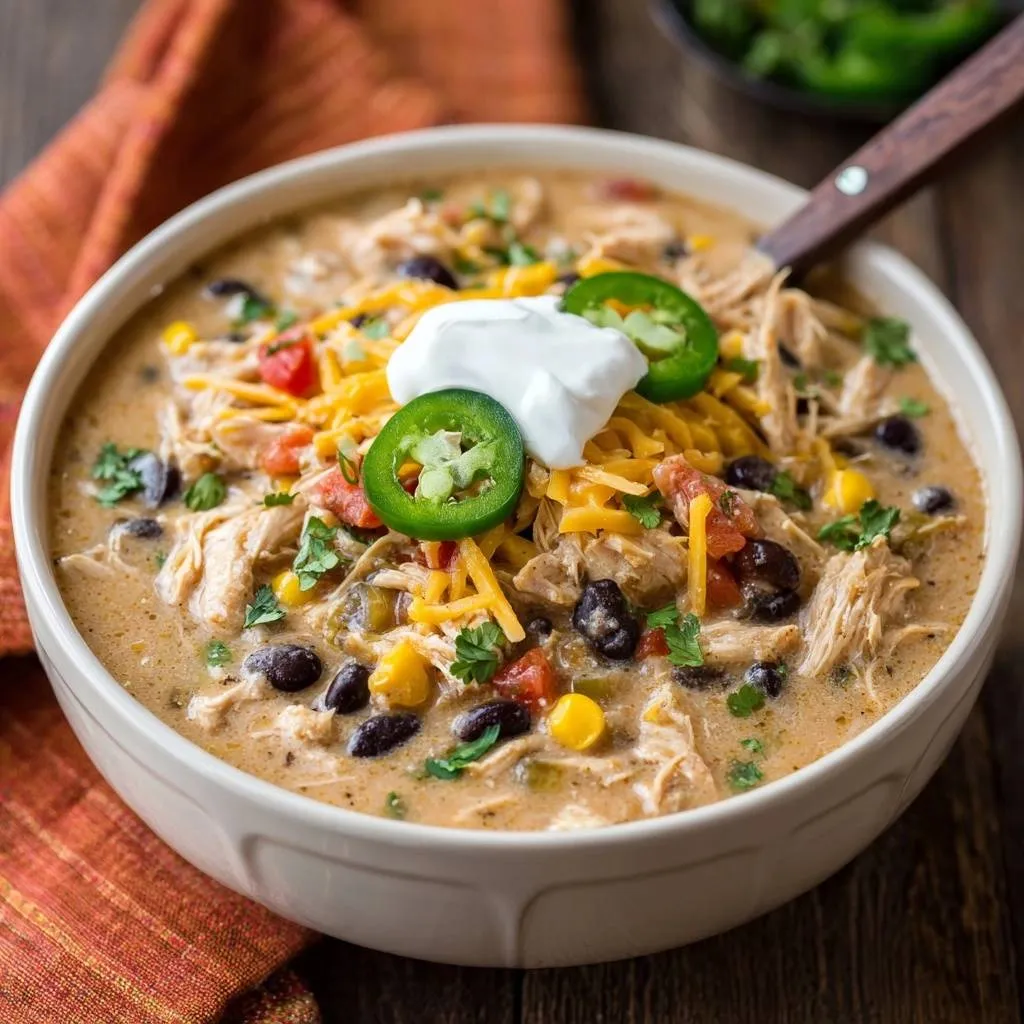 Creamy chicken chili served in a bowl, generously garnished with shredded cheese, sour cream, and jalapeños.