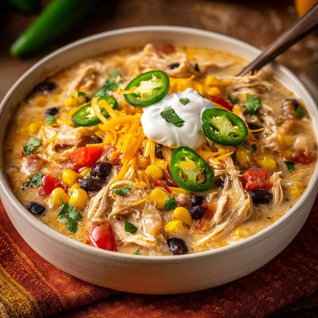 Creamy chicken chili in a bowl, generously garnished with shredded cheese, sour cream, and jalapeños.