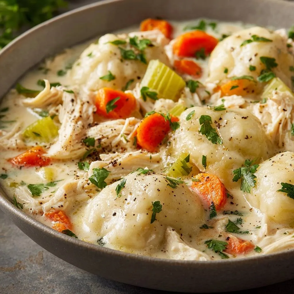 Creamy chicken and dumplings with a fluffy texture shown in a close-up view with visible herbs and vegetables.