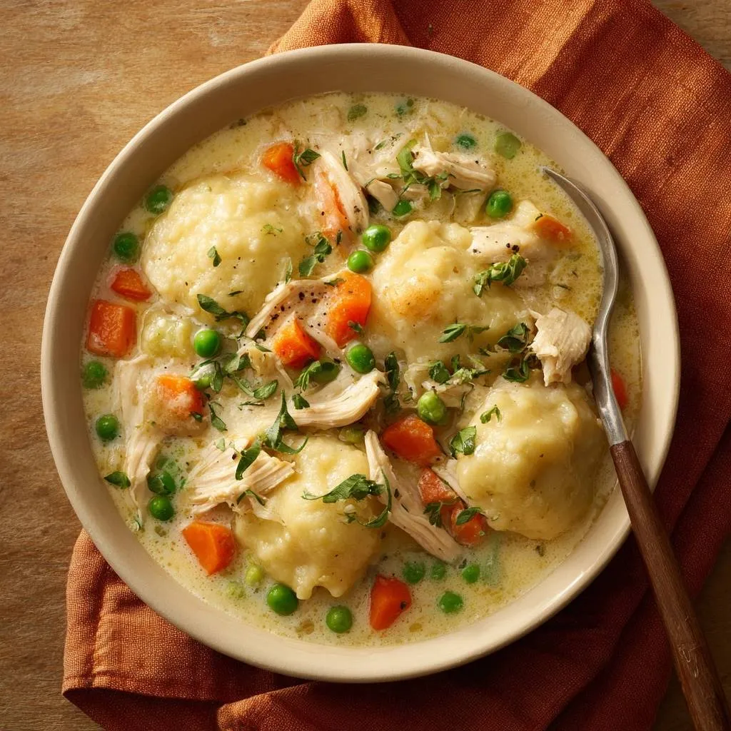 Creamy chicken and dumplings with fluffy steamed dumplings in a bowl, shown from an overhead view with a spoon.