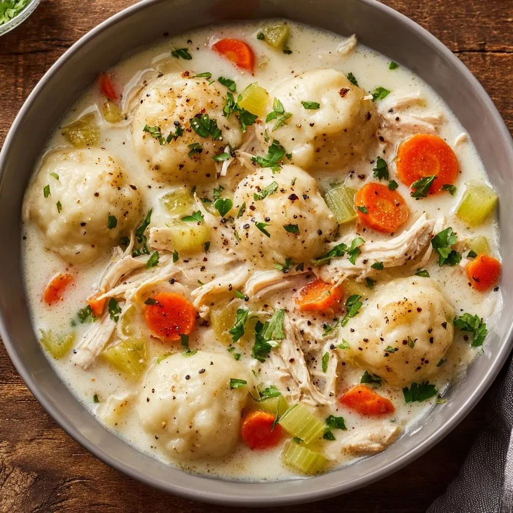 Creamy chicken and dumplings with fluffy texture served in a bowl, showing a close-up overhead view of the dish.