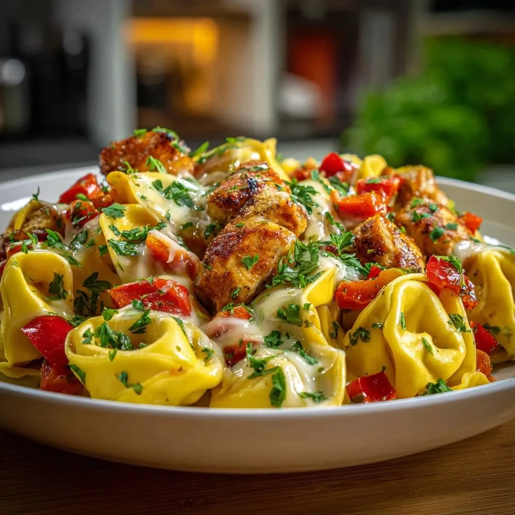 Creamy chicken meatball tortellini with roasted red peppers served in a white bowl, a close-up view.