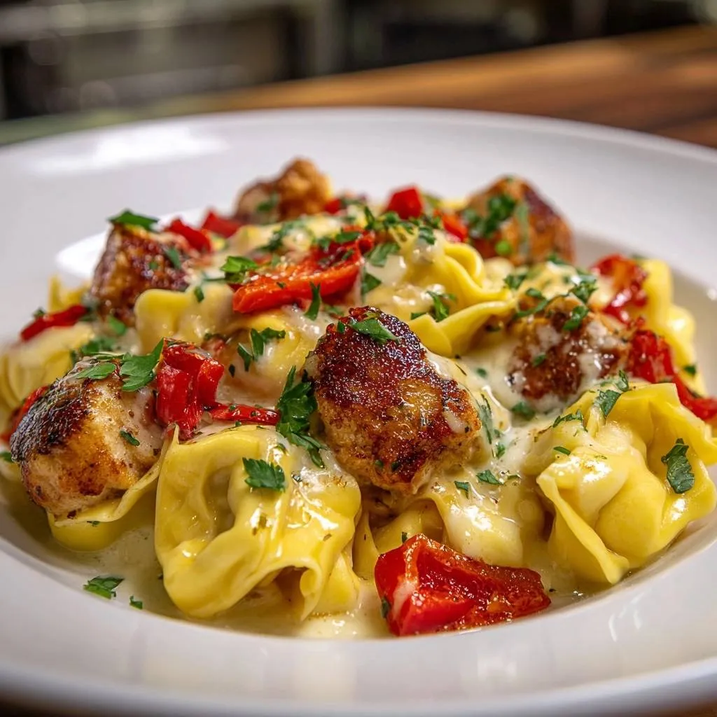 Creamy chicken meatball tortellini with roasted red peppers served plated with a close-up view of the rich sauce and fresh parsley.