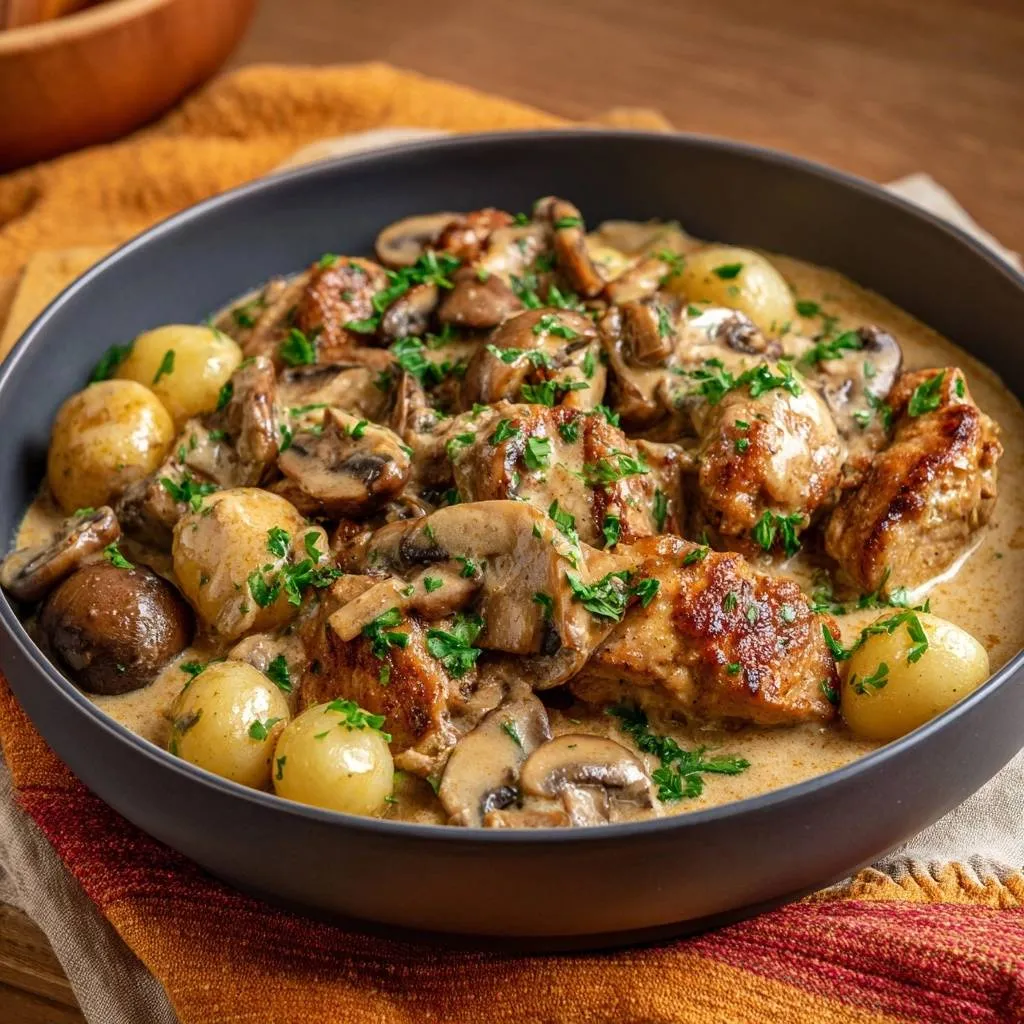 Creamy chicken mushroom gnocchi served in a dark bowl, garnished with fresh parsley and surrounded by small potatoes.