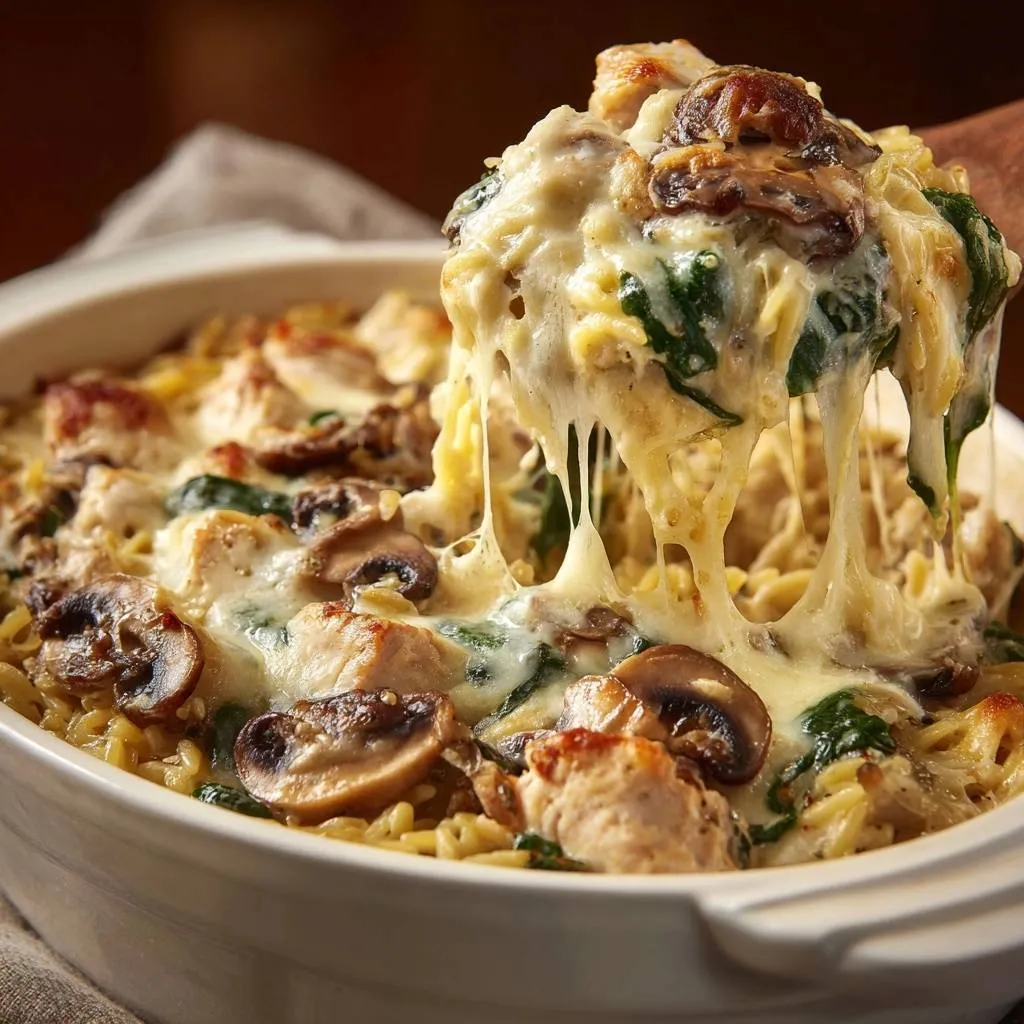 Creamy chicken mushroom spinach orzo bake with strings of melted cheese being pulled from a serving.