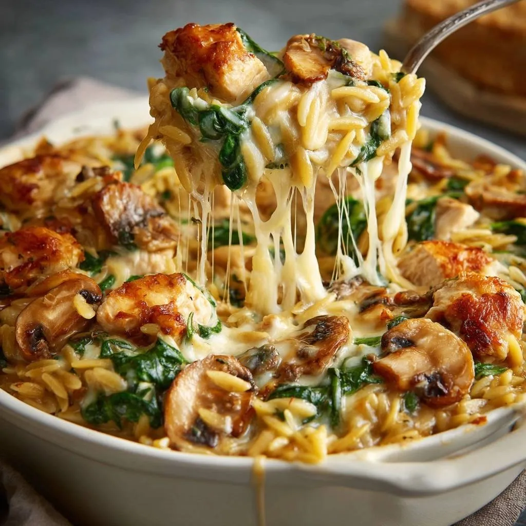 Creamy chicken mushroom spinach orzo bake with a spoonful lifting out showing gooey cheese strings.