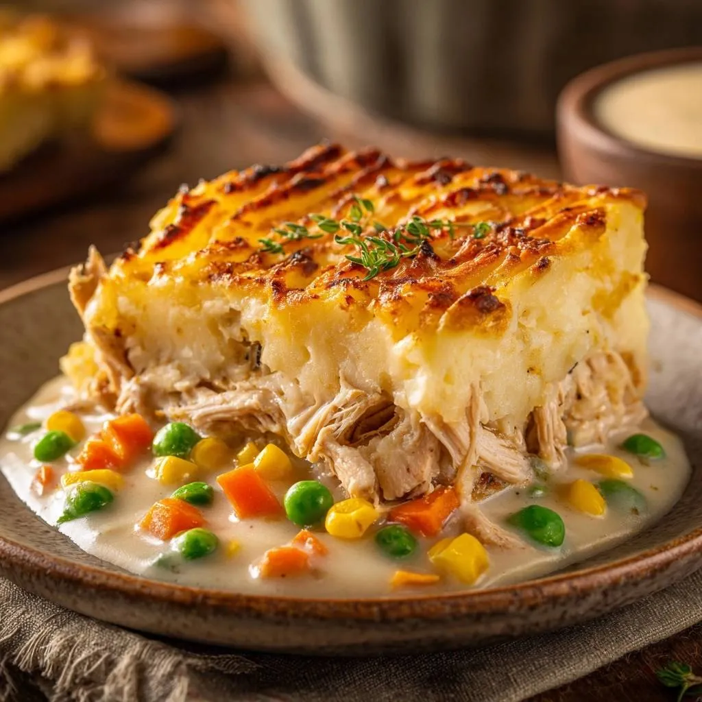 Creamy chicken shepherd's pie cross-section showing layers of shredded chicken, vegetables, and mashed potato topping.