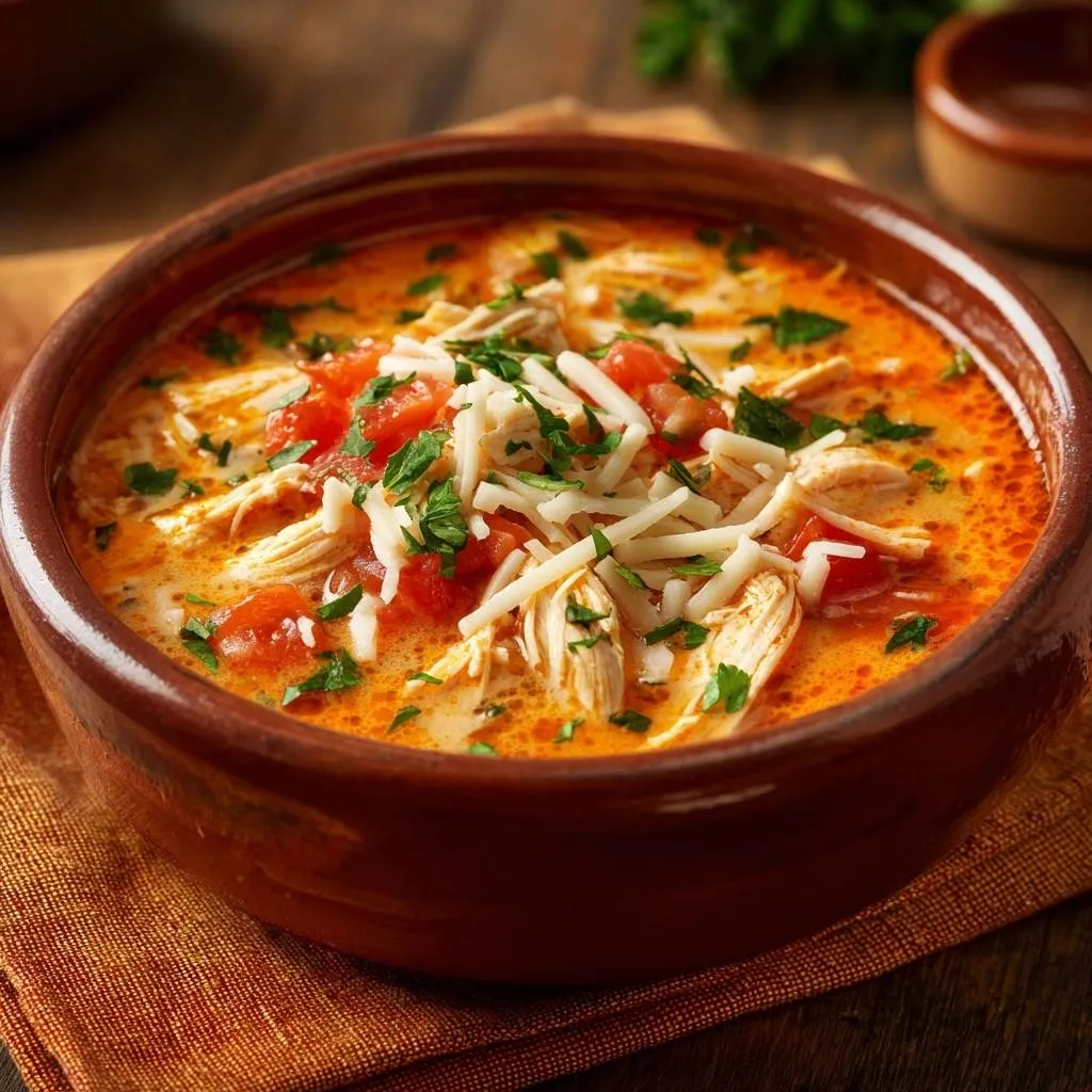 Creamy shredded chicken tomato soup with a close-up view of the shredded chicken, diced tomatoes, and fresh parsley garnish.