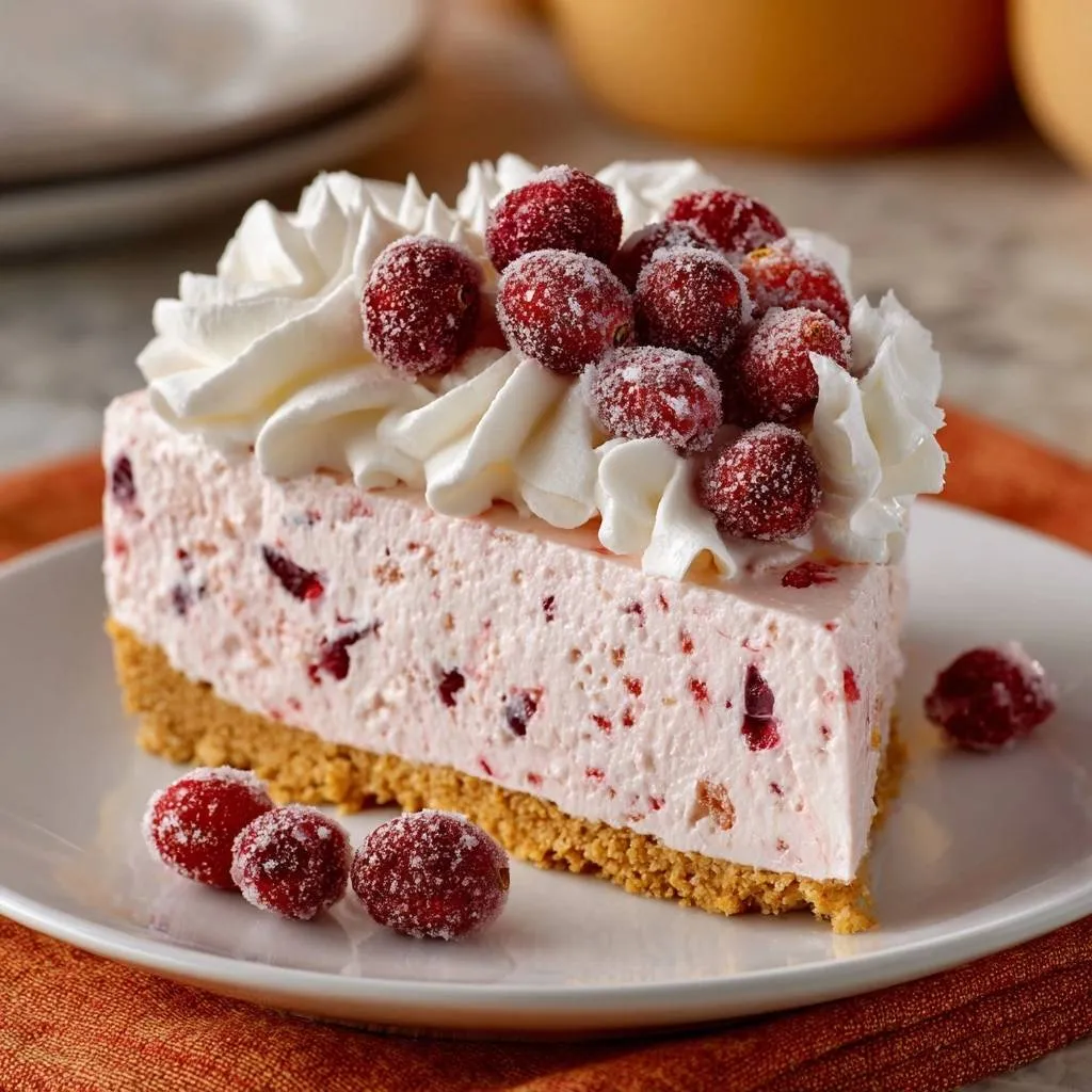 Creamy cranberry cheesecake slice with a cross-section view showing the no-bake layers and sugared cranberries.