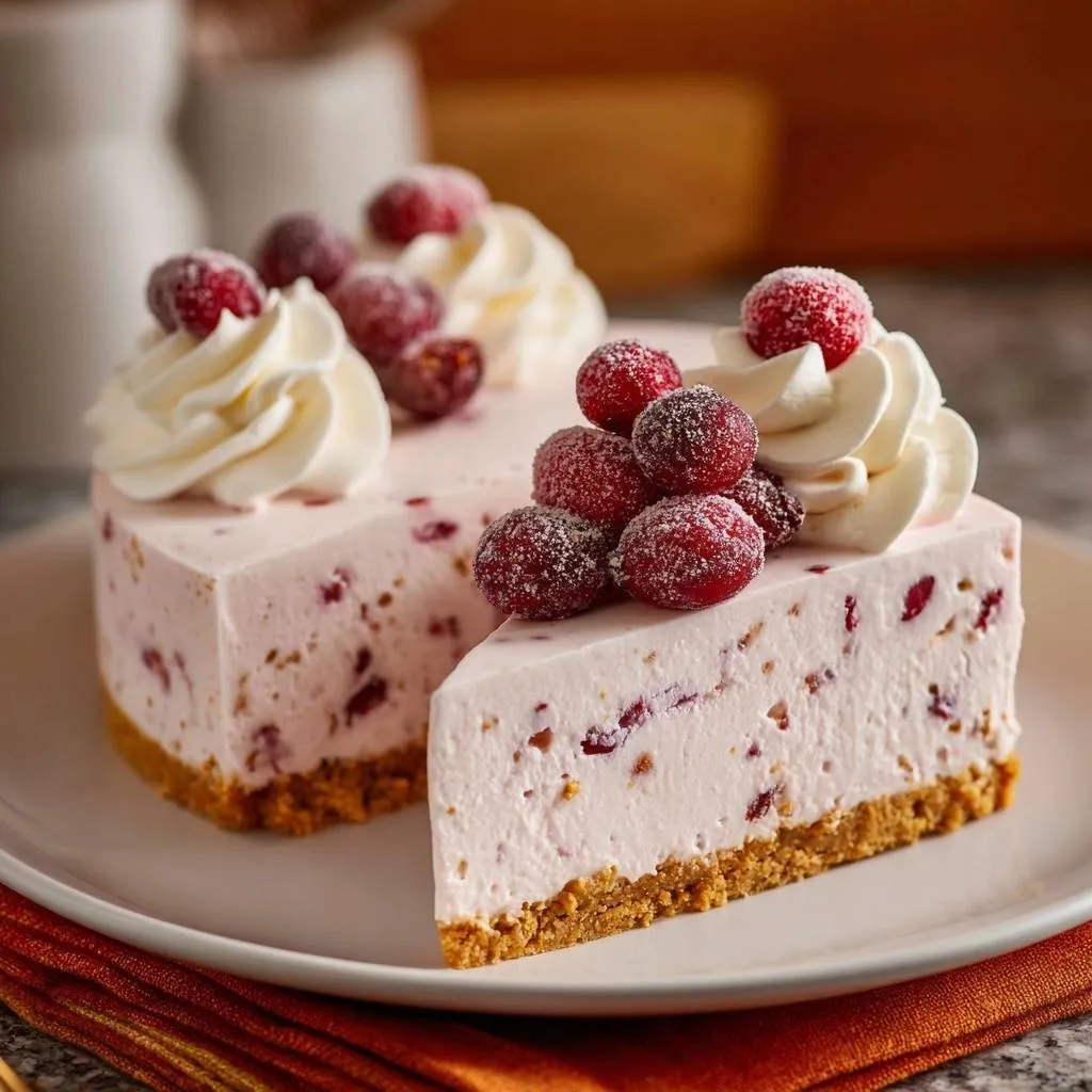 Creamy cranberry cheesecake slice featuring a close-up of sugared cranberries and whipped cream garnish.