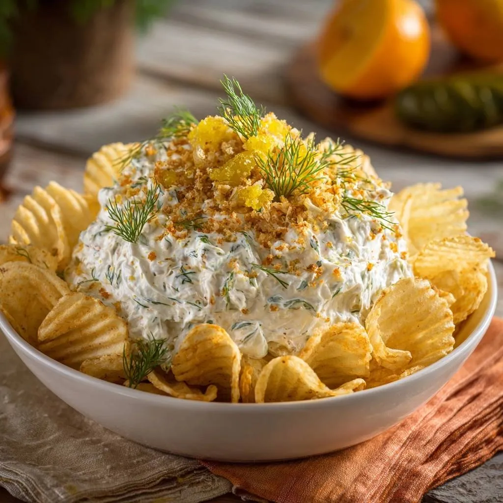 Creamy dill dip with crispy shallots in a white bowl, artfully garnished with fresh dill and citrus zest.