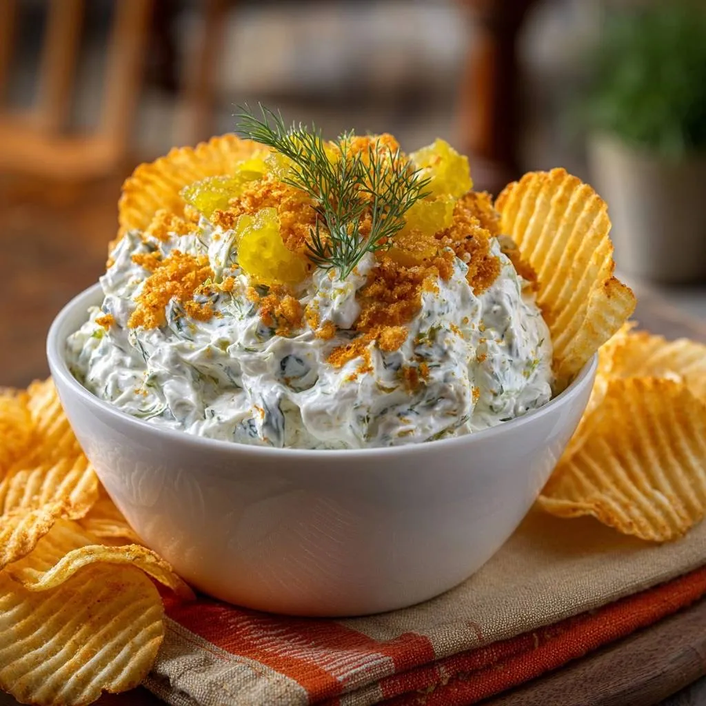 Creamy dill dip with crispy shallots and dill garnish, served with potato chips.