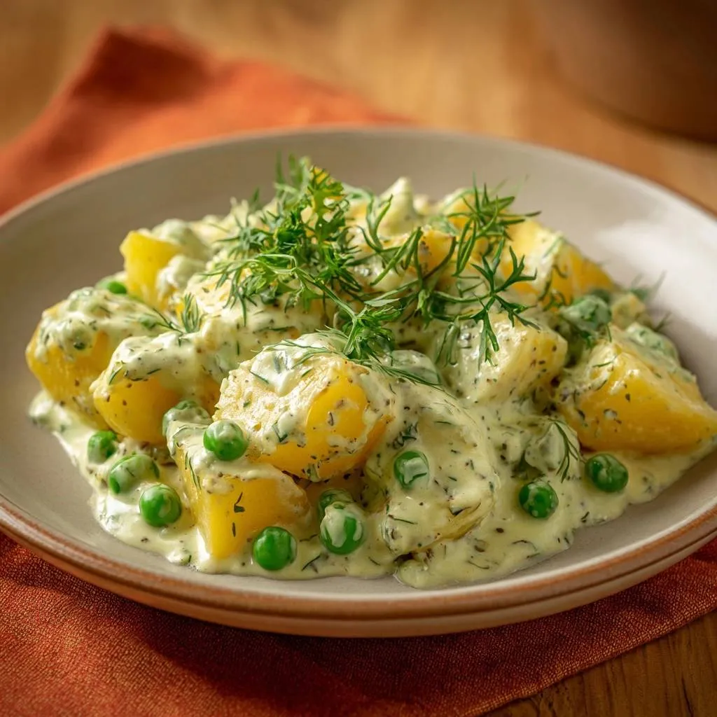 Creamy dill potato pea salad with a fresh dill garnish and creamy dressing, presented in a bowl.