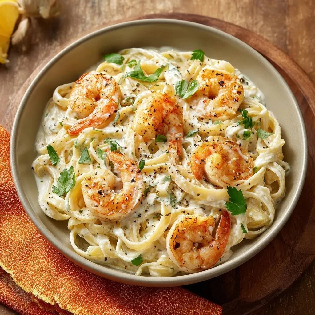 Creamy garlic shrimp fettuccine with juicy shrimp presented in a close-up view of a serving bowl.