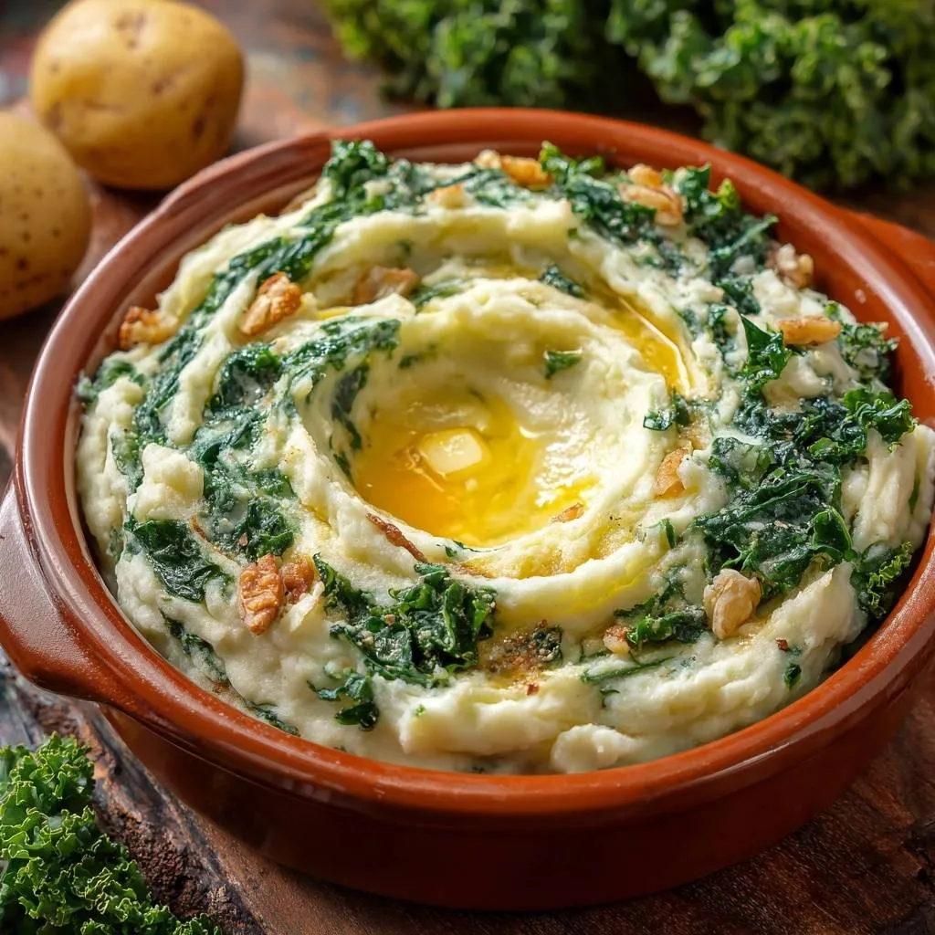 Creamy kale mashed potatoes baked in a casserole dish with a pat of melting butter in the center.